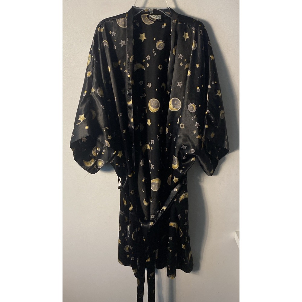 Vintage Y2k Celestial Sun Moon Star Lounge Black Bath Robe Silky Satin Sz 1X 90s
